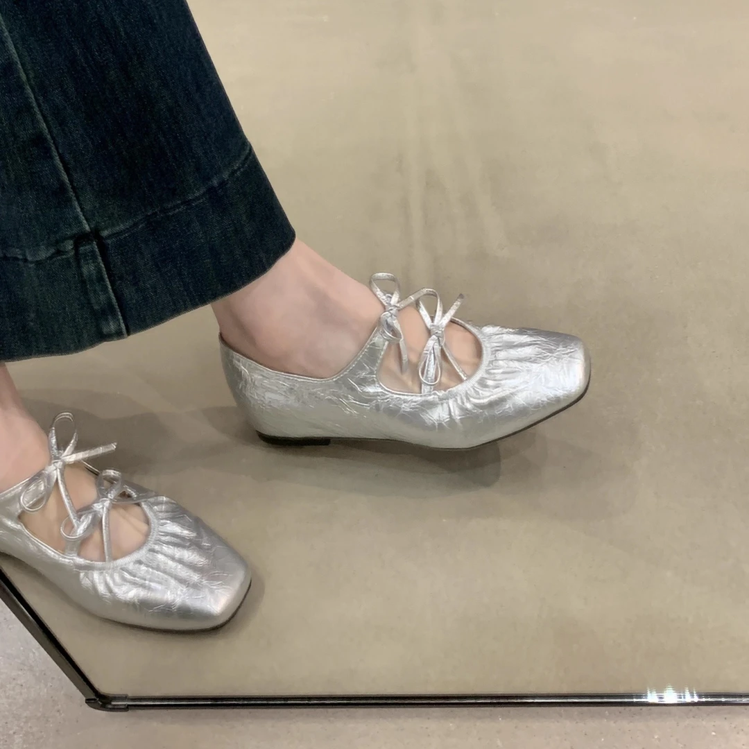 法式内增高银色玛丽珍单鞋女2025新款秋夏季百搭配裙子芭蕾小皮鞋