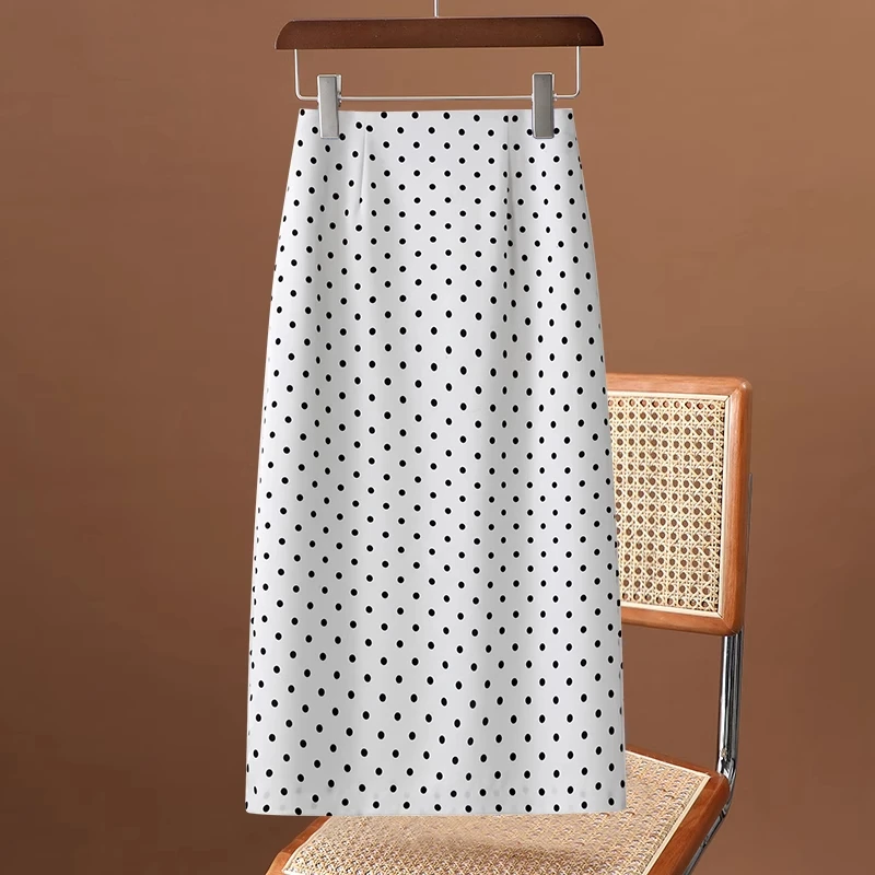 拉夏贝尔白色醋酸波点半身裙女夏薄款2025垂坠感直筒裙a字包臀裙