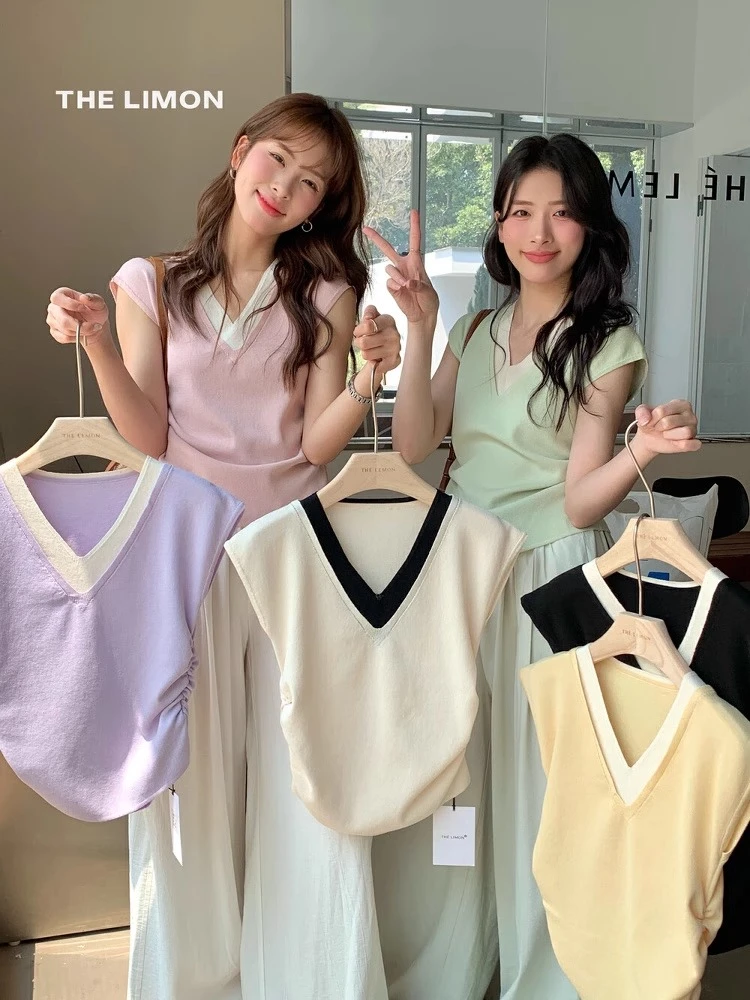 甜美显瘦设计感假两件撞色v领小飞袖针织衫女夏收腰无袖上衣I4-63