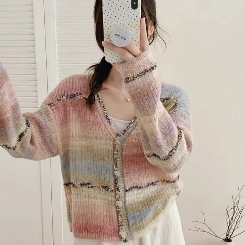 韩版宽松显瘦减龄V领毛衣渐变色条纹针织开衫女软糯气质外套上衣