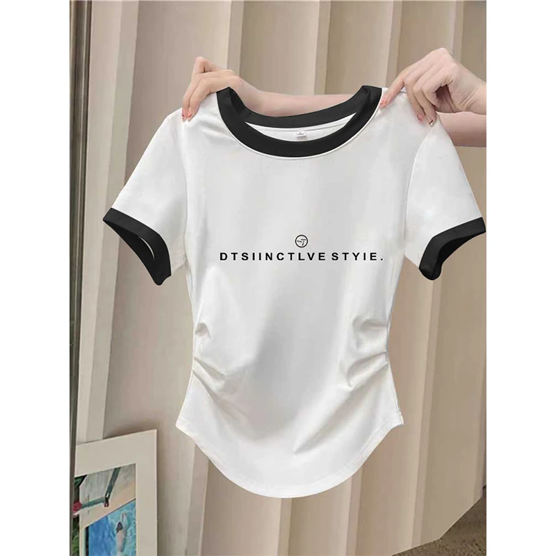 正肩拼色圆领短袖t恤女修身显瘦褶皱收腰白色上衣打底衫2025夏季