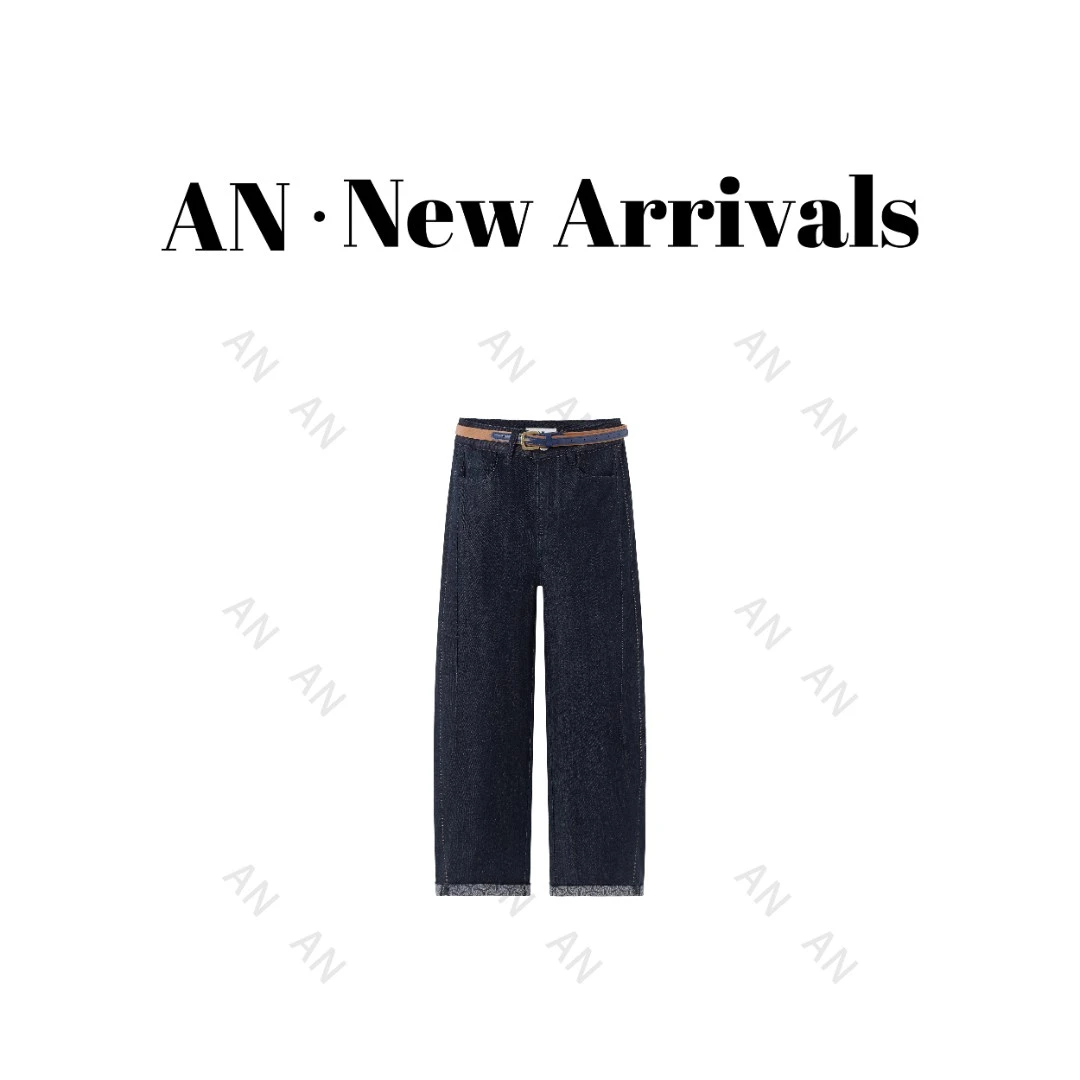 C04165莱赛尔时尚时髦小个子设计感侧边线直筒阔腿牛仔裤配腰带