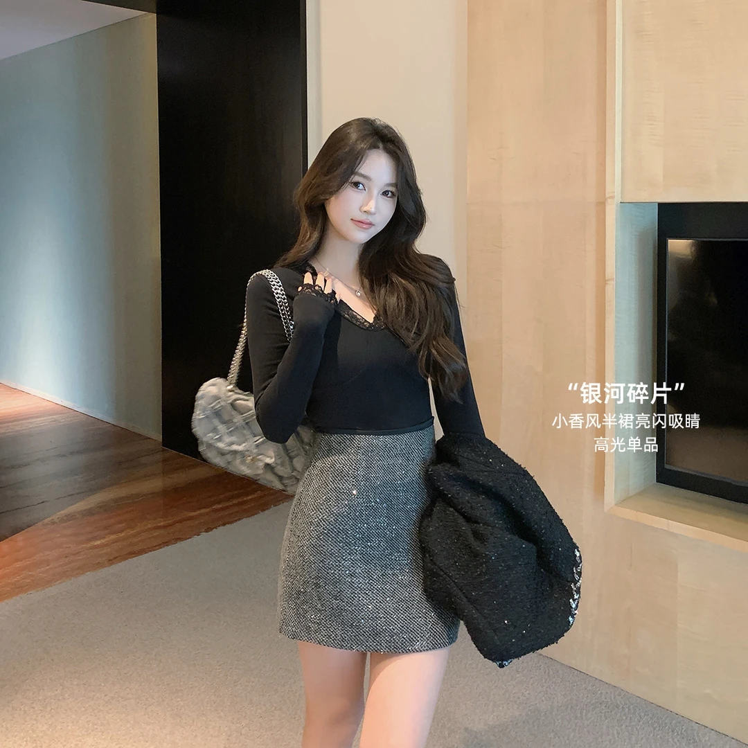 林关关【银河碎片】轻奢羊毛亮闪小香风半身裙秋季显瘦百搭短裙子女