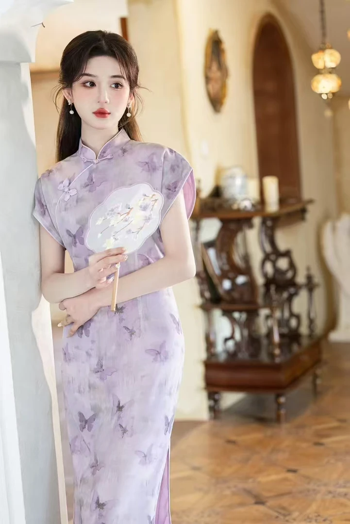 夏款-【紫色蝴蝶】重工长款气质夏季复古风日常中国风显瘦旗袍