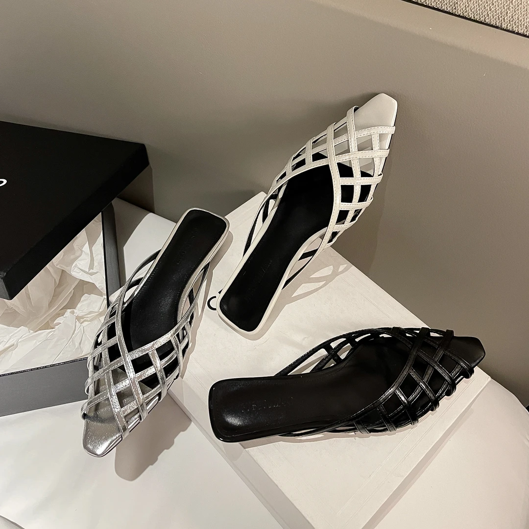 S706/3cm牛皮韩版夏季尖头春季半拖小众包头拖中跟气质网红拖鞋