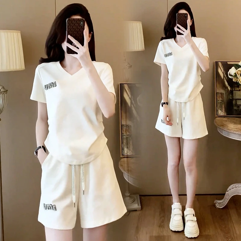 高含棉运动套装女2025年夏季新款简约纯色休闲上衣抽绳短裤套装潮