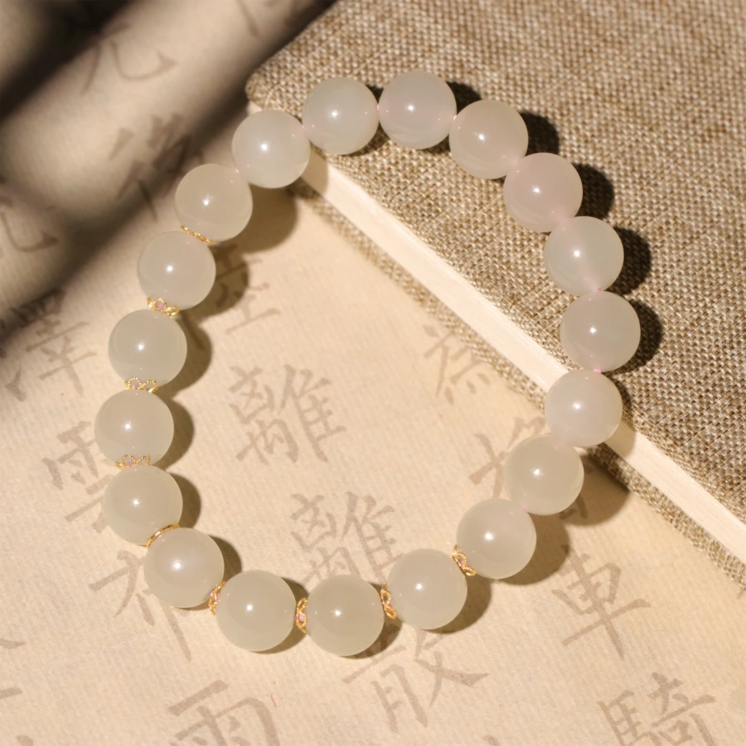 【泓贝珠宝-L320】18k金配饰和田玉老料油粉圆珠设计款手串