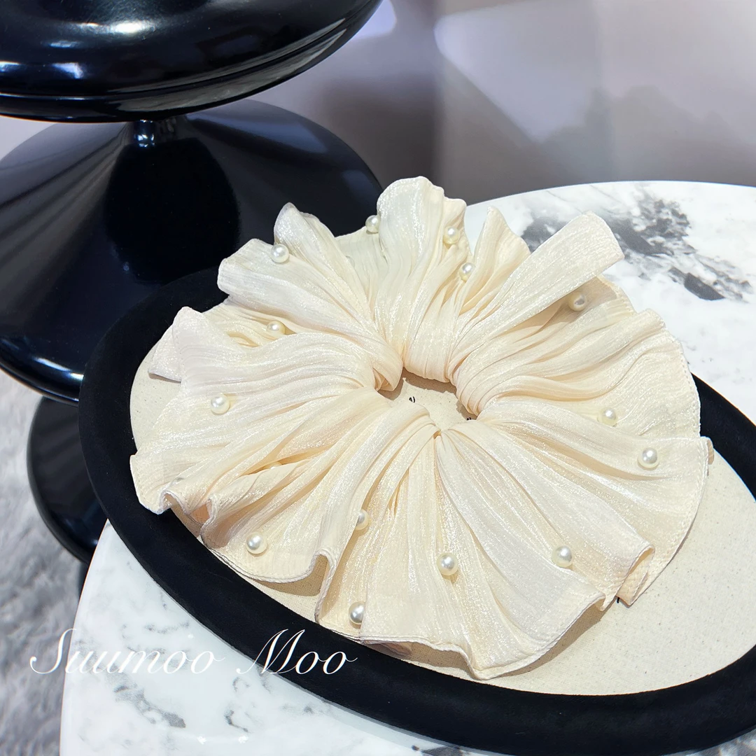 名媛风褶皱珠光雪纺大肠发圈低马尾皮筋发饰女网红美发圈