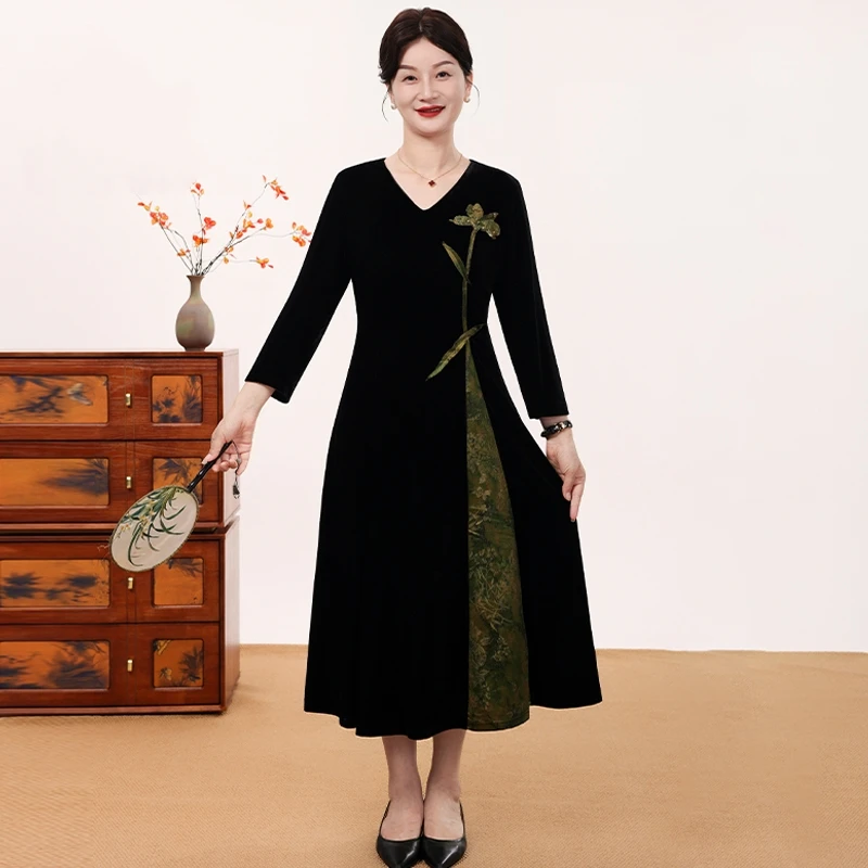 新中式妈妈秋装连衣裙中老年妈妈春秋季高腰休闲连衣裙新中式裙子