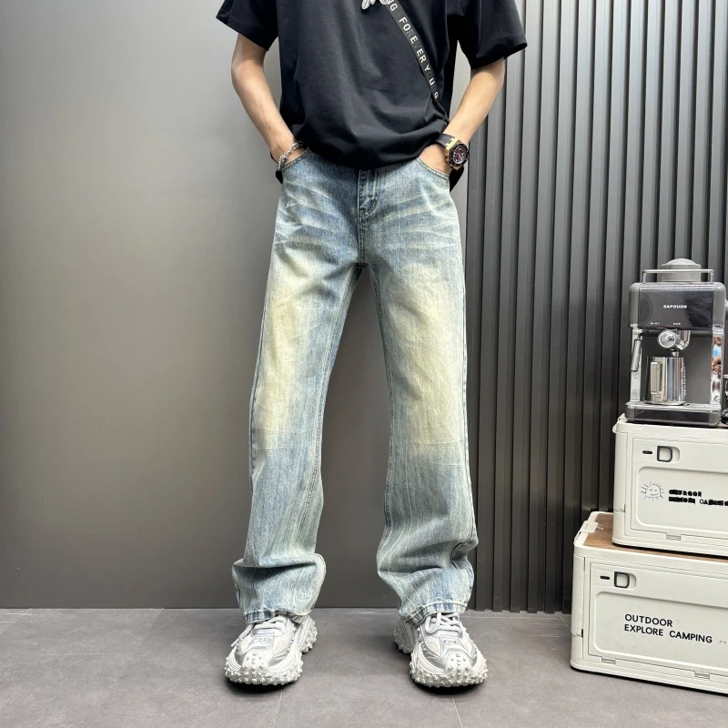 裂纹水洗做旧牛仔裤百搭时尚2025年直筒男士水洗做旧直筒牛仔裤