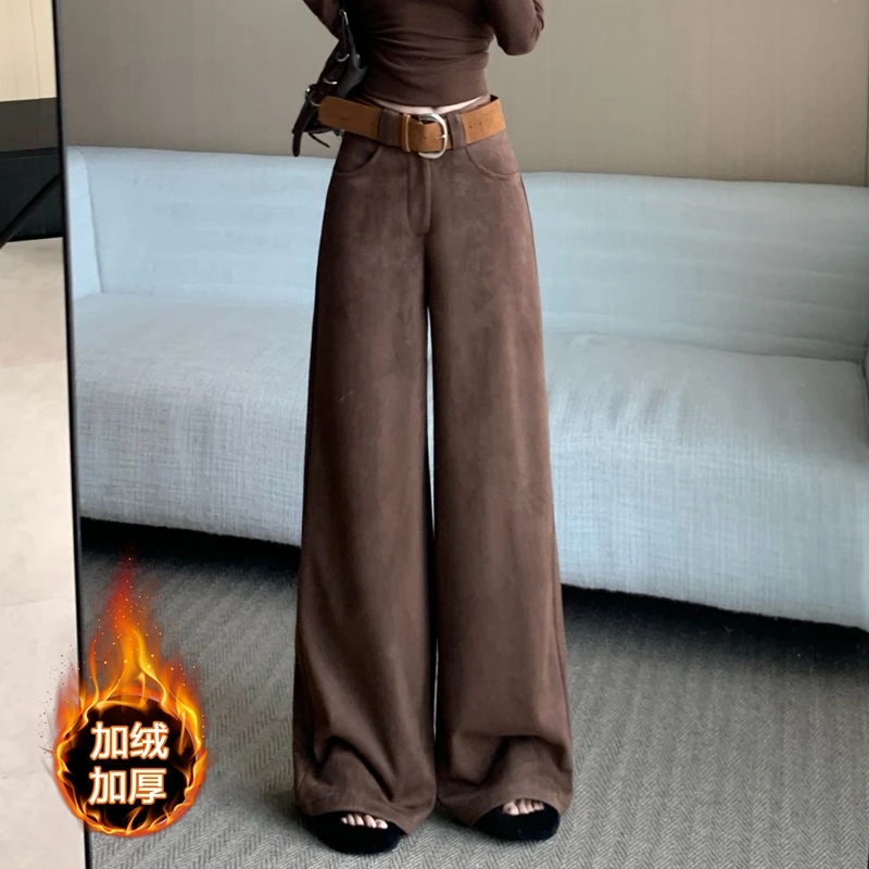 复古麂皮绒阔腿裤女秋冬加绒加厚高腰直筒裤宽松休闲百搭拖地长裤