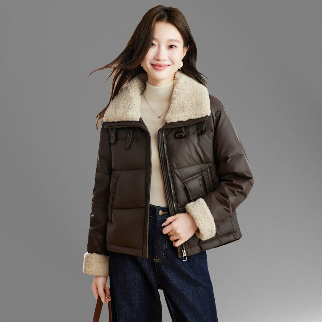 港风PU皮短款羽绒服女小个子冬季新羊羔毛领白鸭绒休闲外套机车服