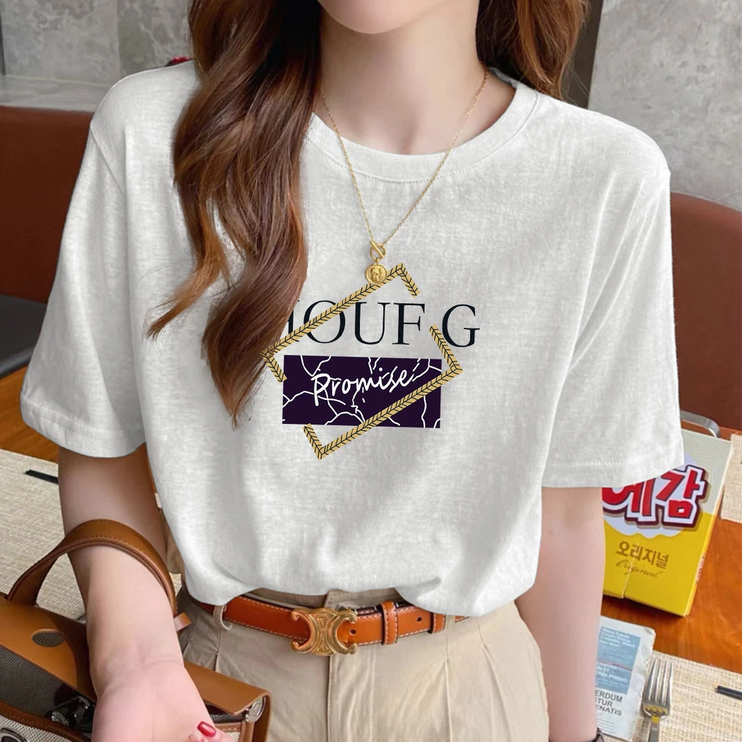 夏季短袖薄款韩版设计感印花显瘦上衣女士垂感雪花棉遮肉圆领T恤