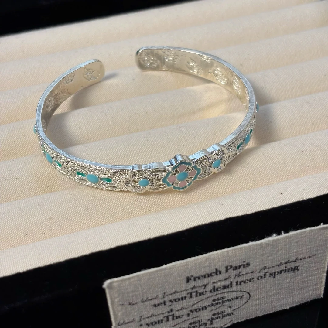 足银珐琅手镯 999足银宋韵银手镯素款时尚气质古风银镯子送女友