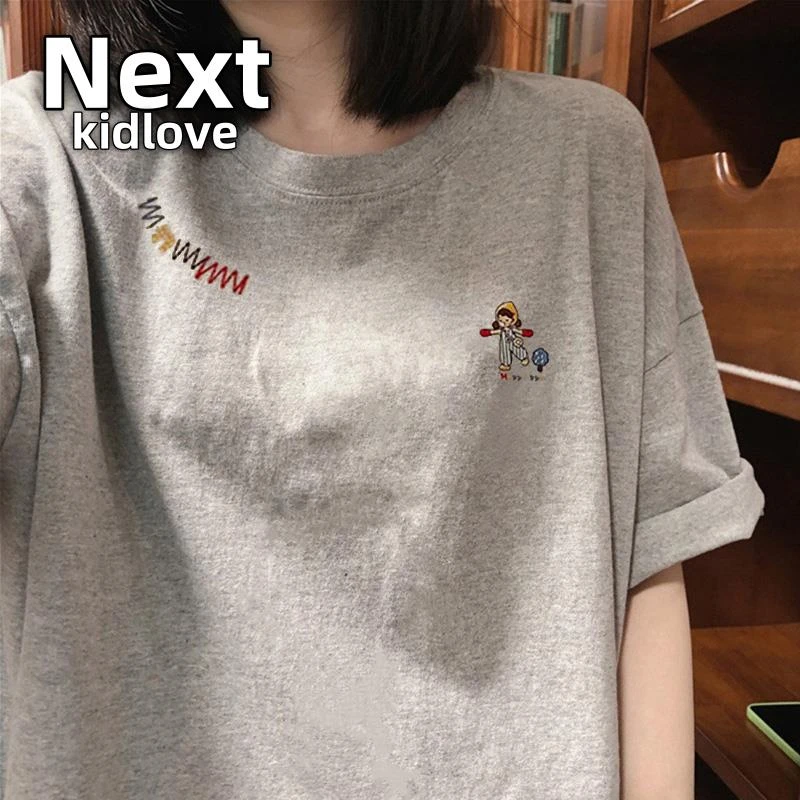 NEXT2025夏季新款灰色短袖t恤女宽松百搭中长款休闲大版卡通印花