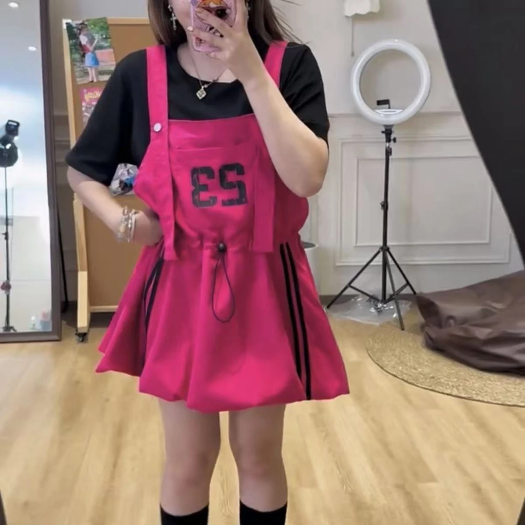 胖鑫家大码多巴胺穿搭背带花苞裙夏季宽松显瘦美式简约短袖两件套