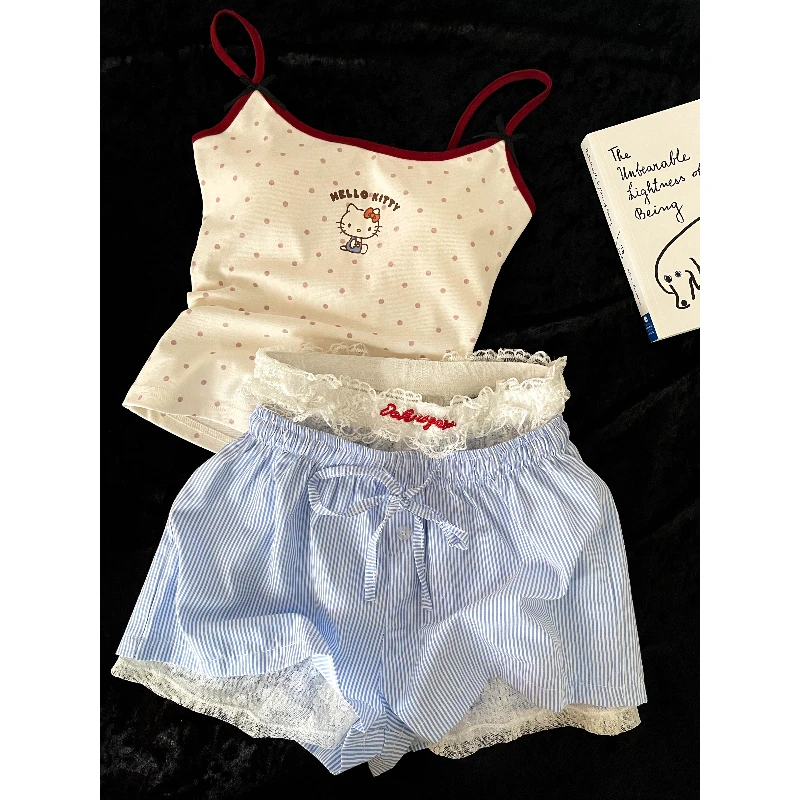 网红风凯蒂猫甜美带胸垫吊带睡衣女套装蕾丝舒适格子短裤居家服夏