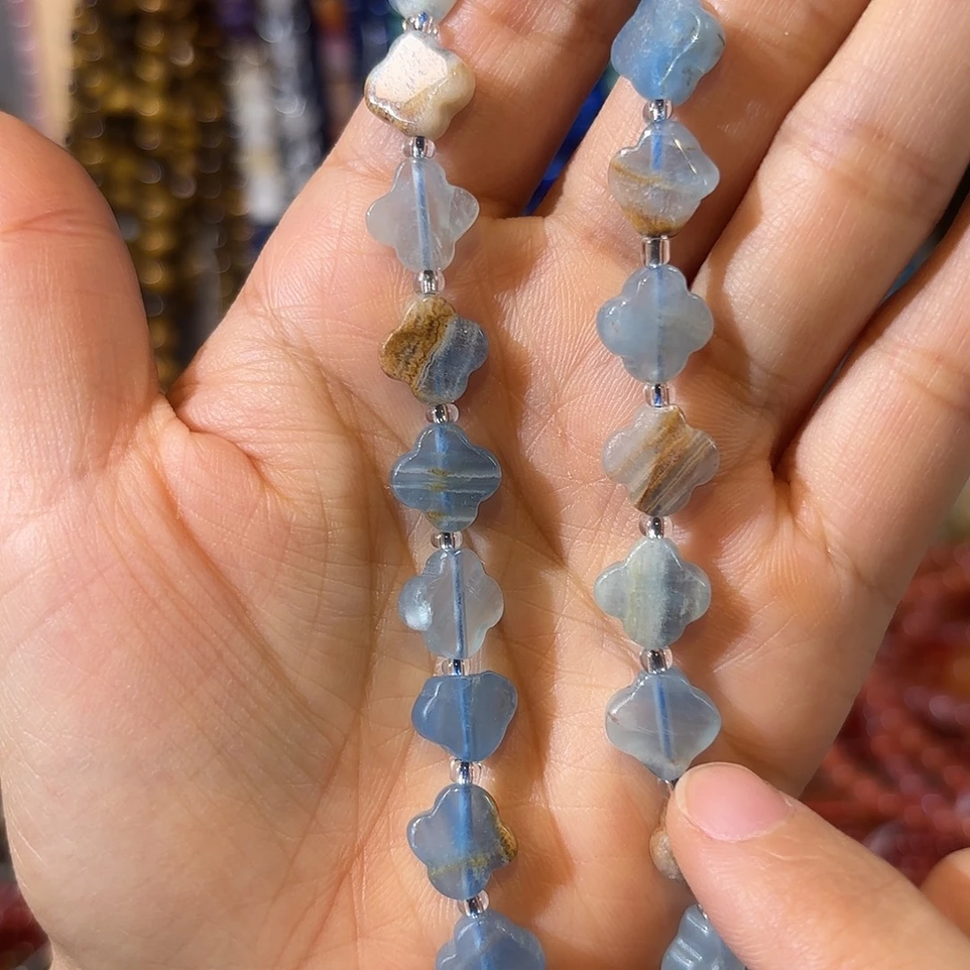 玛瑙/玉髓银S925镀金镶嵌珠宝半成品蓝方解四叶草一条