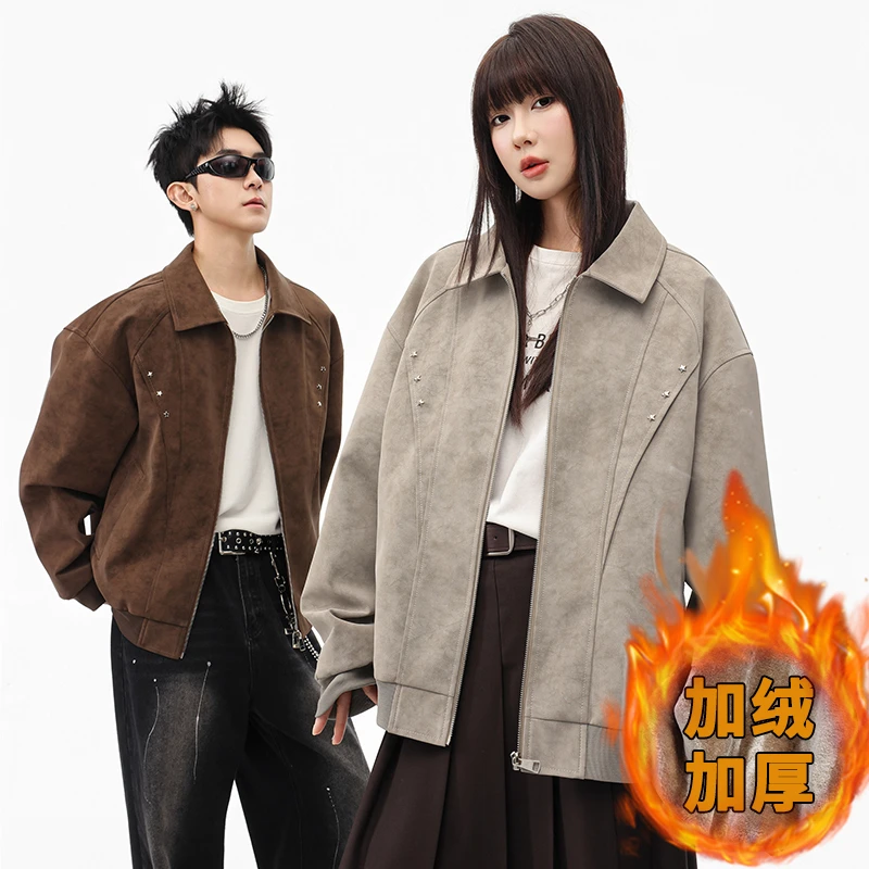 美式外套加绒加厚翻领保暖港风皮衣铆钉夹克秋冬休闲复古单排扣