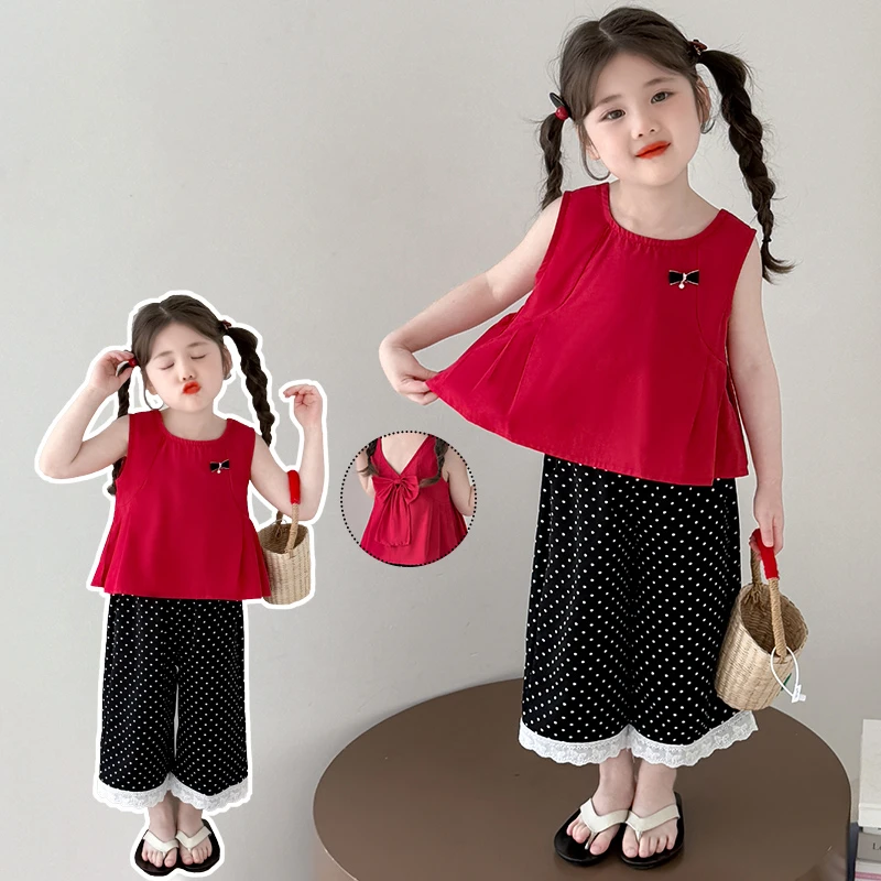 女童夏季套装2025儿童蝴蝶结无袖上衣韩系波点阔腿裤女宝宝两件套