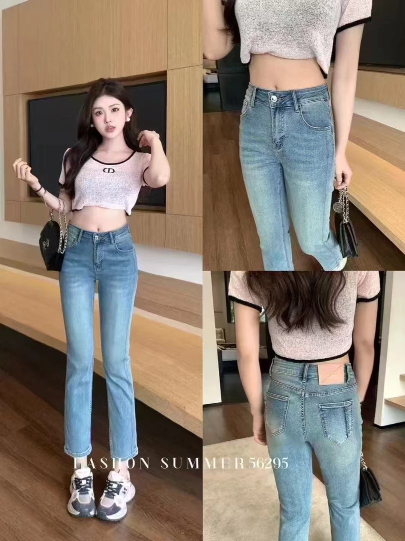 裤长88左右 超薄粉色走线烟管小直筒牛仔裤295