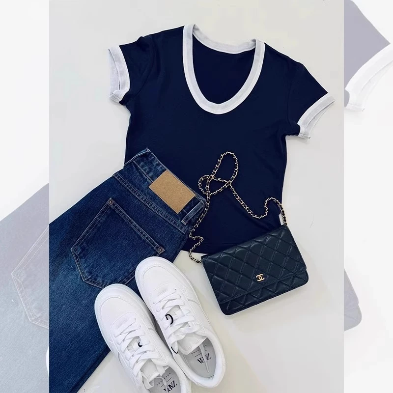 美式复古藏蓝色u领正肩短袖t恤女夏季独特漂亮绝美修身短款小上衣