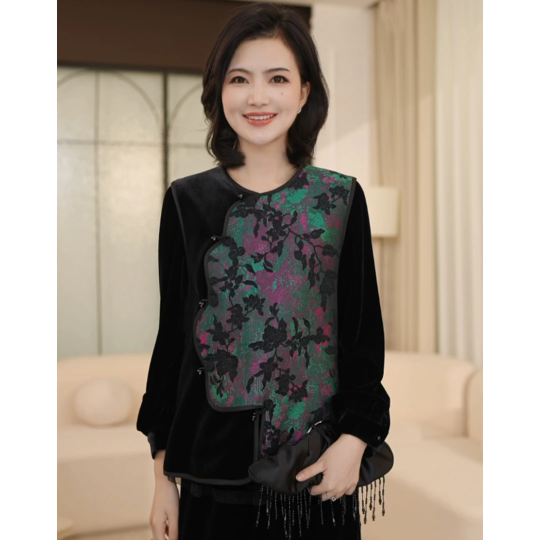 枫竺阿楠anan新中式花瓣襟盘扣拼接丝绒国风马甲女秋装新款上衣