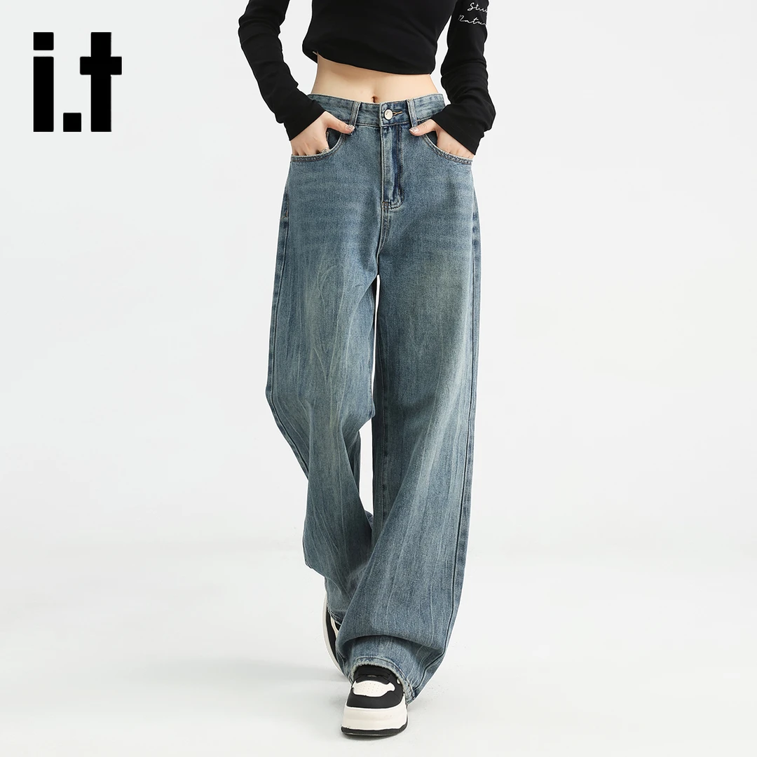 i.t izzue休闲高腰阔腿牛仔裤2025秋季裤子新款显高显瘦显腿长A1M