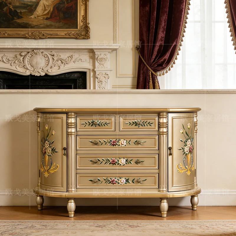 欧式复古斗柜实木彩绘半圆收纳柜法式客厅香槟玄关柜卧室置物柜