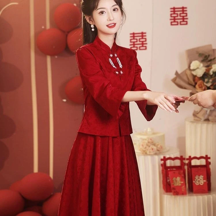 Vintage新中式敬酒服新娘2025新款短袖长袖长款复古国风订婚旗袍