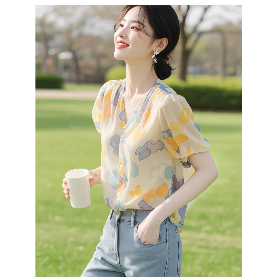 夏装轻熟法式小众雪纺小衫超好看百搭印花短袖衬衫女小清新气质
