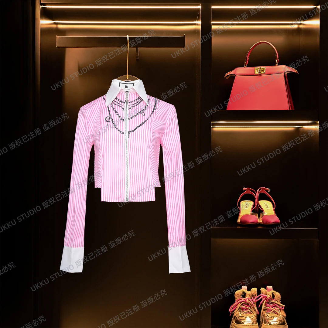 LILI【UKKU STUDIO】小众设计感粉色条纹扣袖衬衫轻奢潮上衣511876