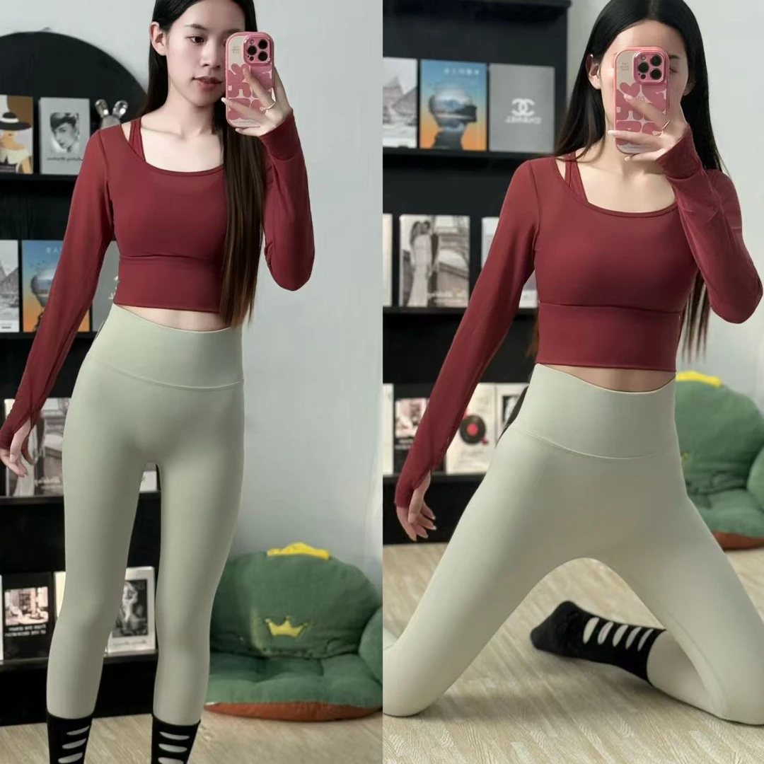 瑜伽服女秋冬运动上衣带胸垫紧身显瘦长袖气质时尚跑步训练健身服