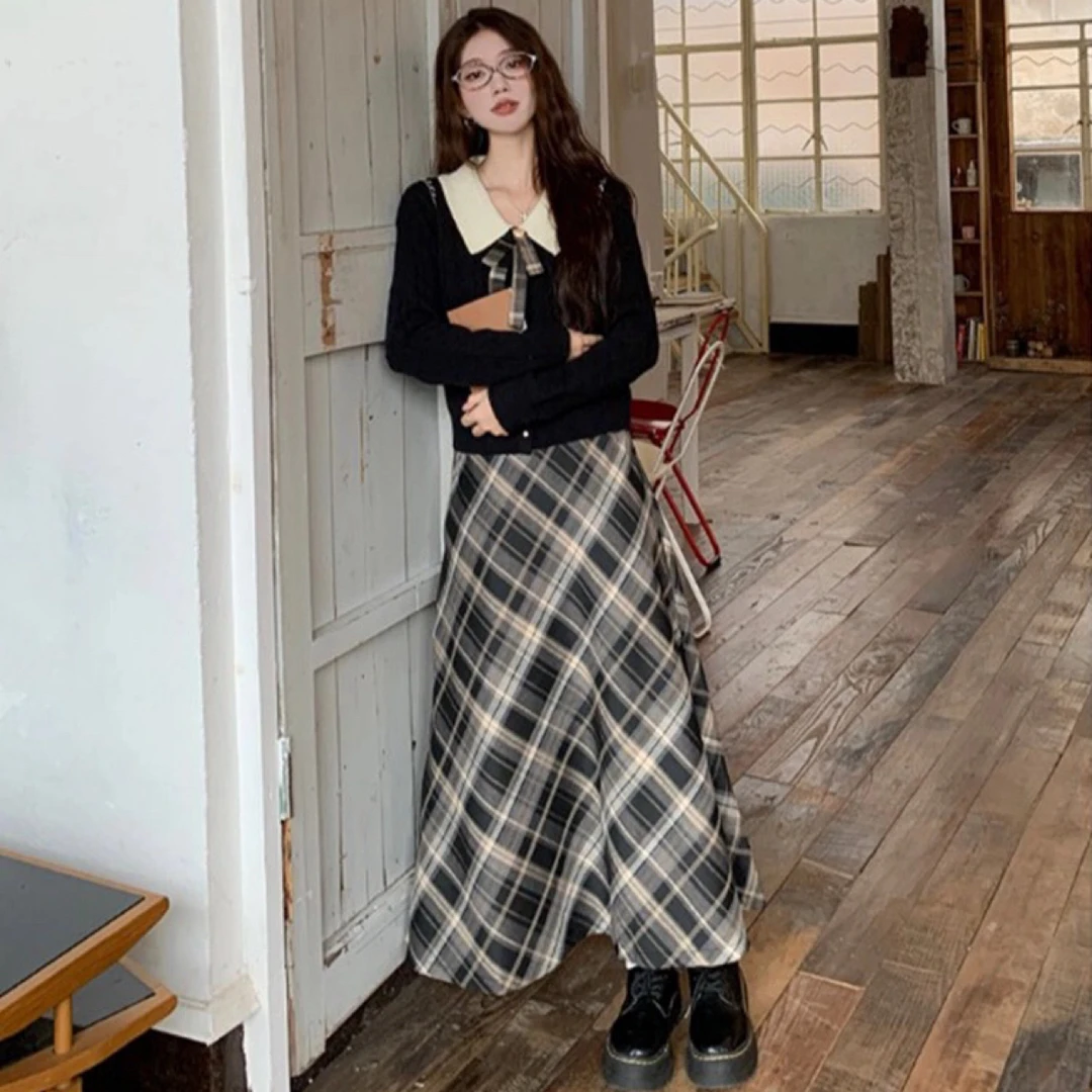 大码学院风穿搭高级感蝴蝶结毛衣胖MM1259显瘦高腰半身裙两件套