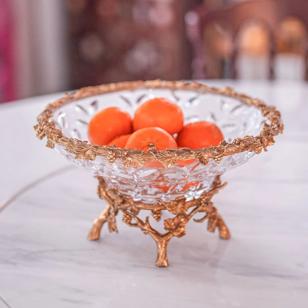 【奇居】缠枝葡藤黄铜水晶玻璃果盘客厅水果零食盘摆件#G1150
