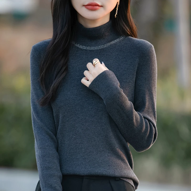 品牌女装新款气质银线半高领纯色减龄时尚女士毛针织衫上衣