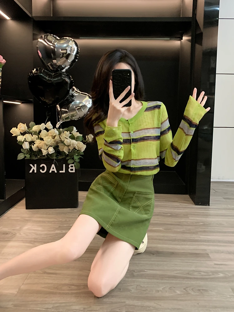 初秋穿搭一整套时尚套装条纹长袖针织衫显瘦上衣包臀短裙两件套女