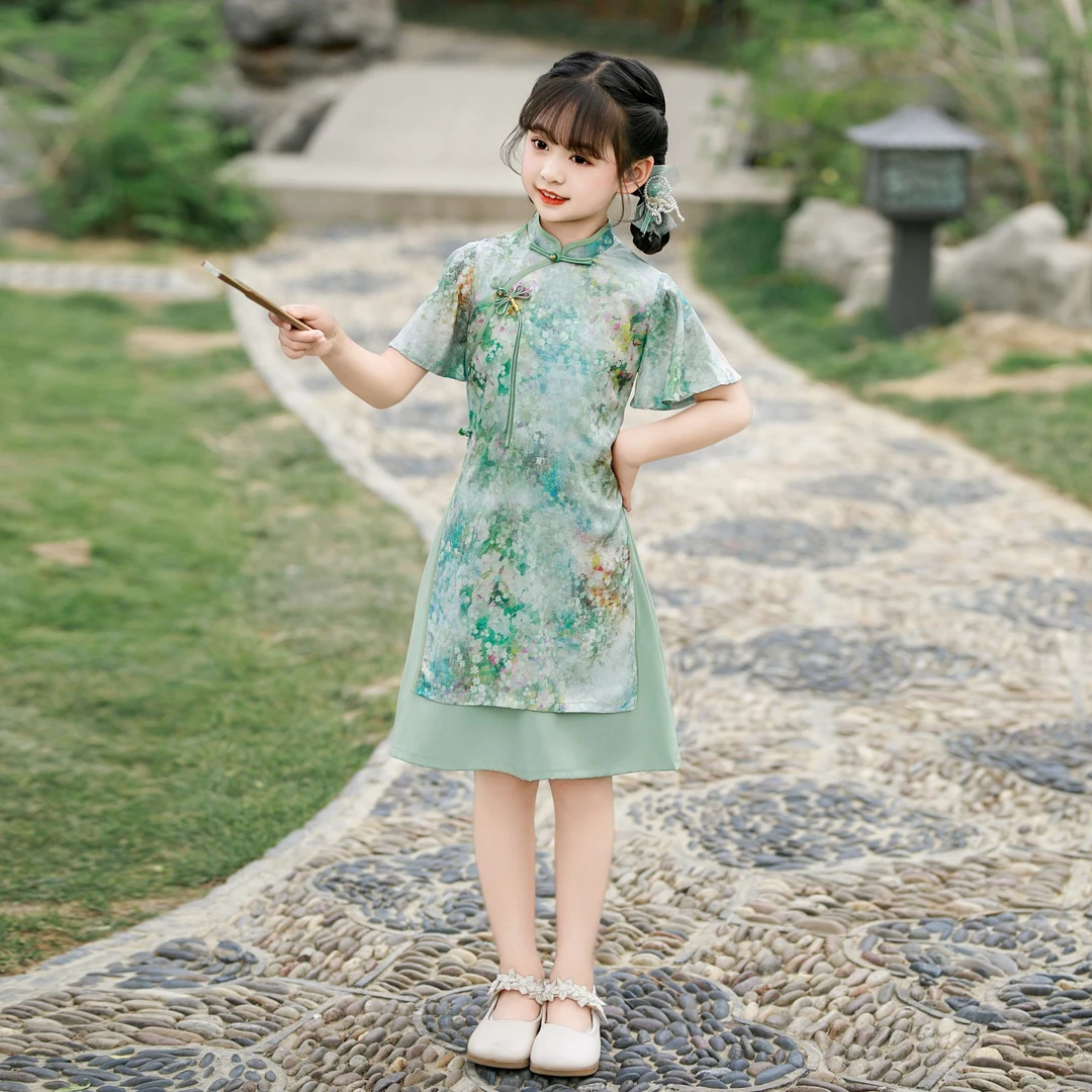 儿童旗袍夏季绿色复古提花扎染民国风洋气时尚夏装喇叭袖女童