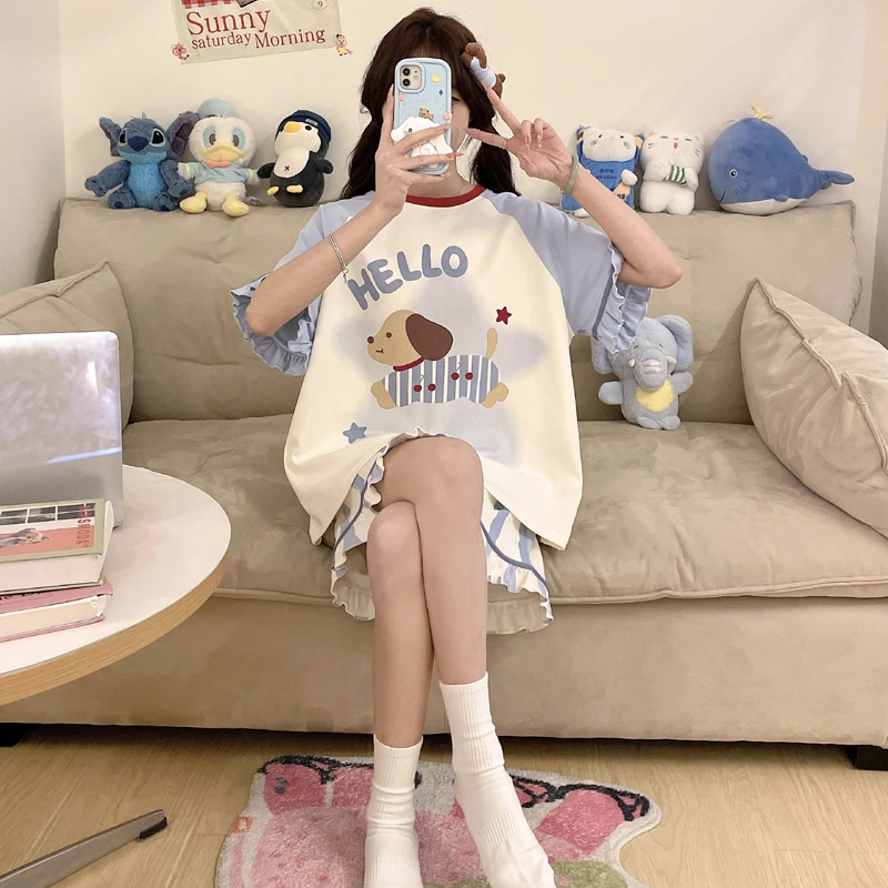 夏季女款睡衣纯棉短袖薄款甜美少女可爱卡通加大码胖mm家居服套装