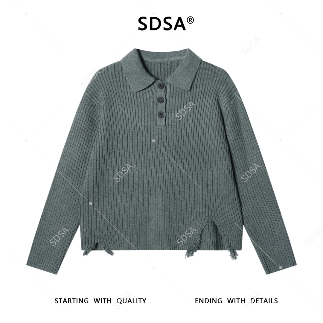 SDSA男士秋冬新款痞帅男装纯色polo领毛衣下摆流苏设计百搭针织衫