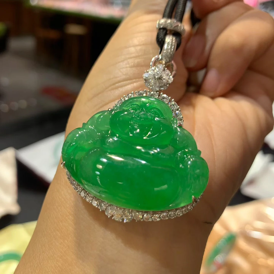 冰阳绿镶嵌18K佛公吊坠【欣赏勿拍】