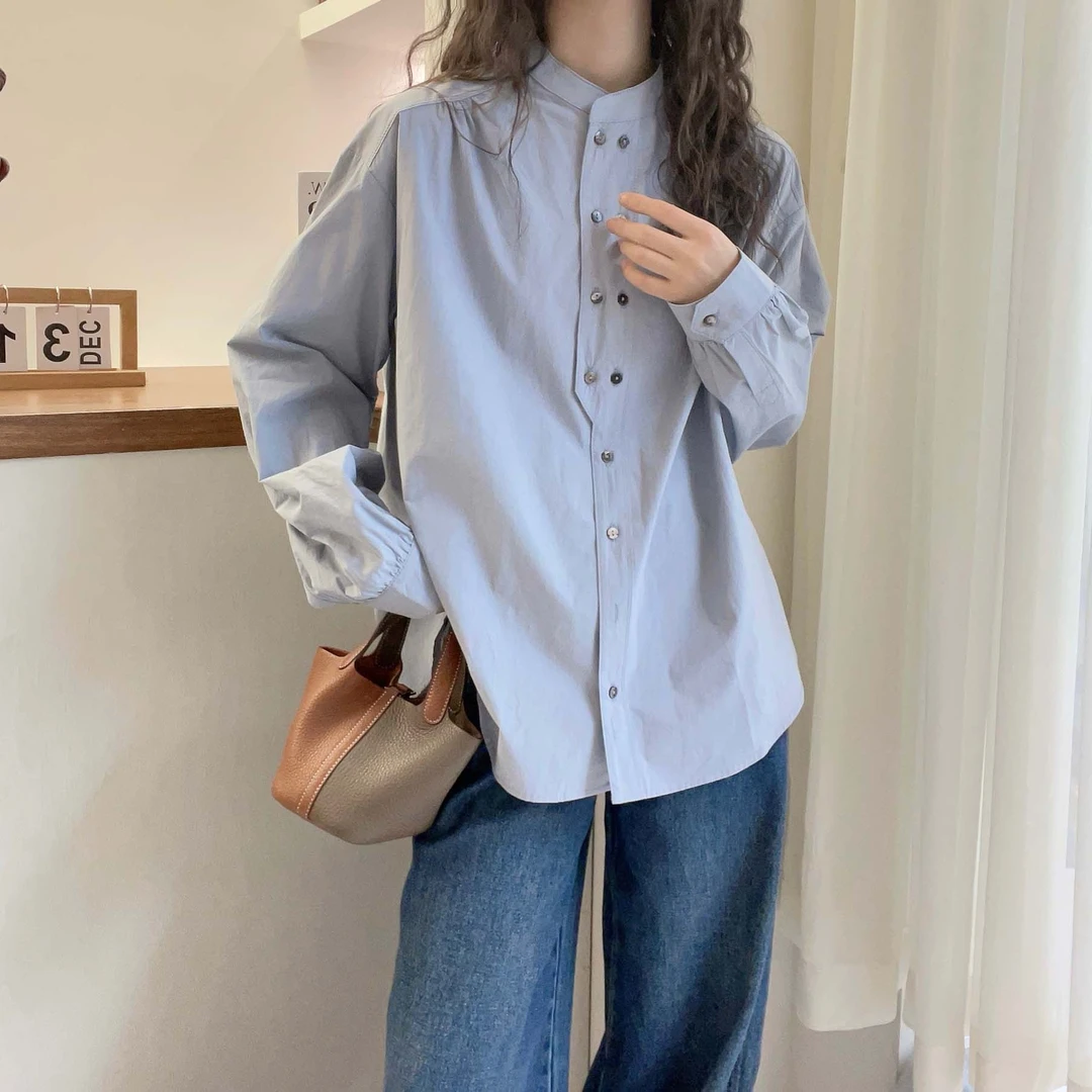 纯棉双排扣长袖衬衫女春季新品宽松出游休闲圆领洋气春游女装秋装