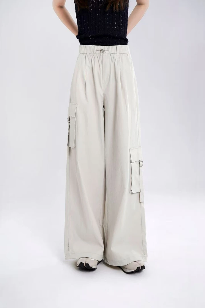 工装裤女夏松紧腰立体口袋直筒裤百搭显瘦长裤