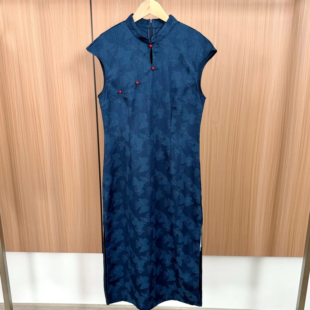 328日常蝴蝶低开衩高腰裙新中式旗袍夏季气质牡丹双层