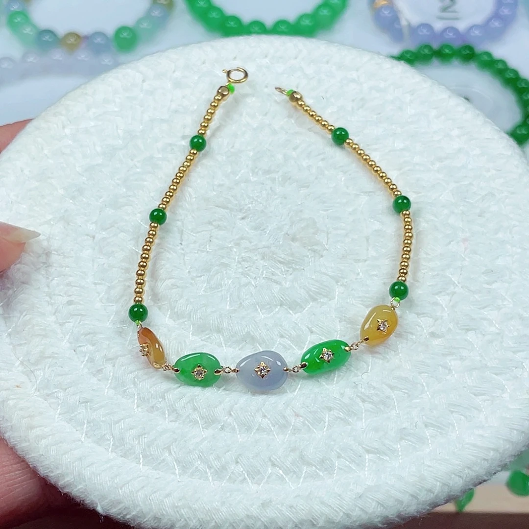 美***魅翡翠18K金镶嵌手链天然缅甸翡翠A货卡