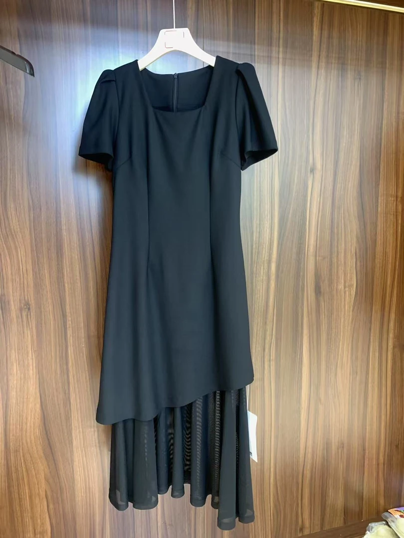 李园家2号店-2556-夏季新款显瘦网纱拼接方领连衣裙