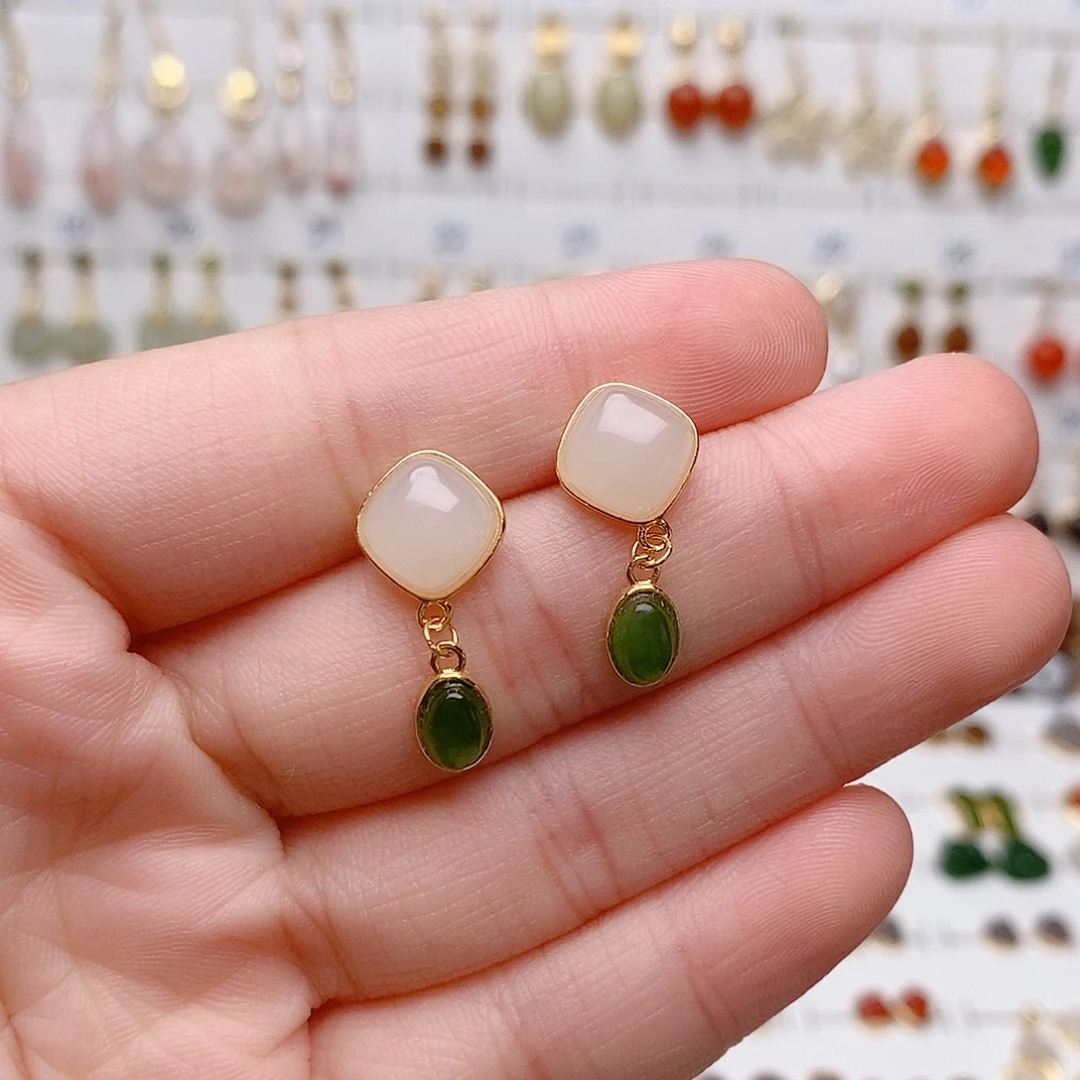 和田玉银S925镶嵌耳饰