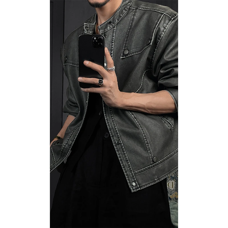 秋季新品美式复古高级感皮衣外套设计感痞帅立领机车服夹克