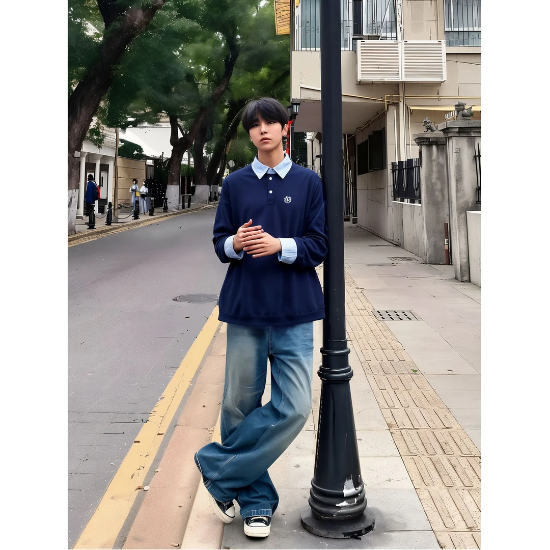 新款假两件衬衫领卫衣男针织polo情侣装miu系春秋季薄款宽松外套