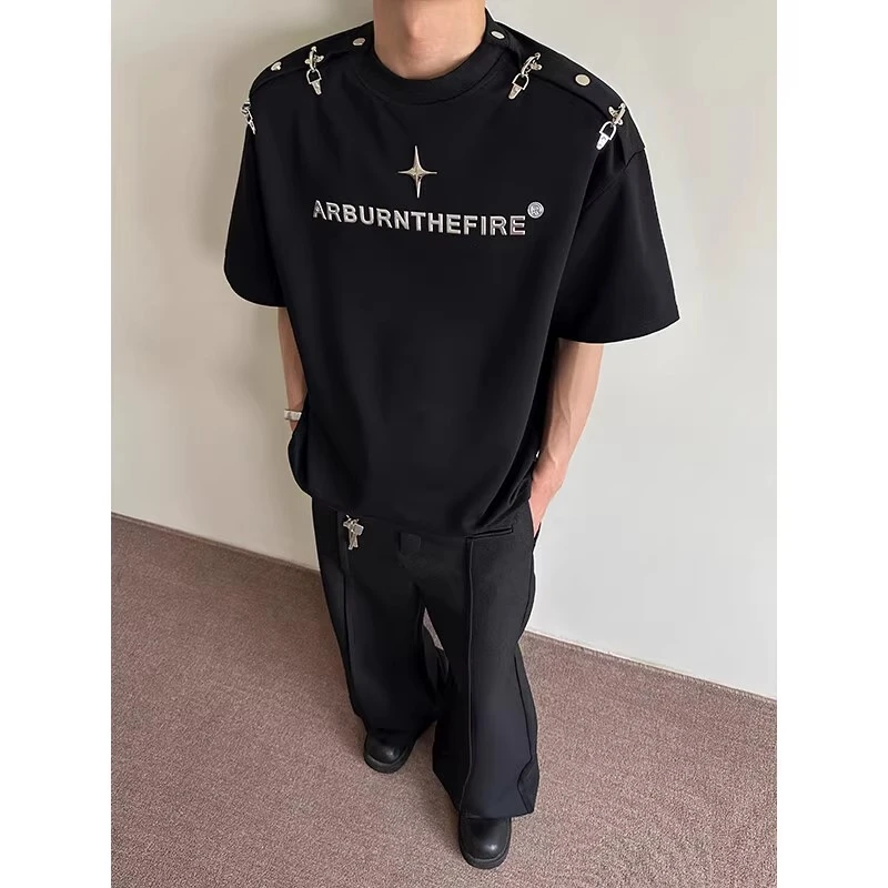 美式复古花灰色飞机扣圆领t恤男夏季潮牌金属正肩短袖情侣半截袖